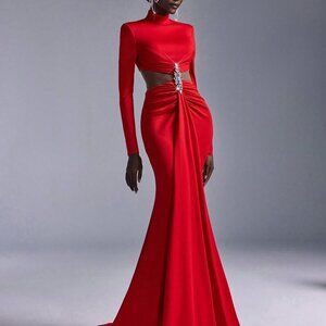 Red Elegant Women's Stretch Satin Fishtail Evening Dress